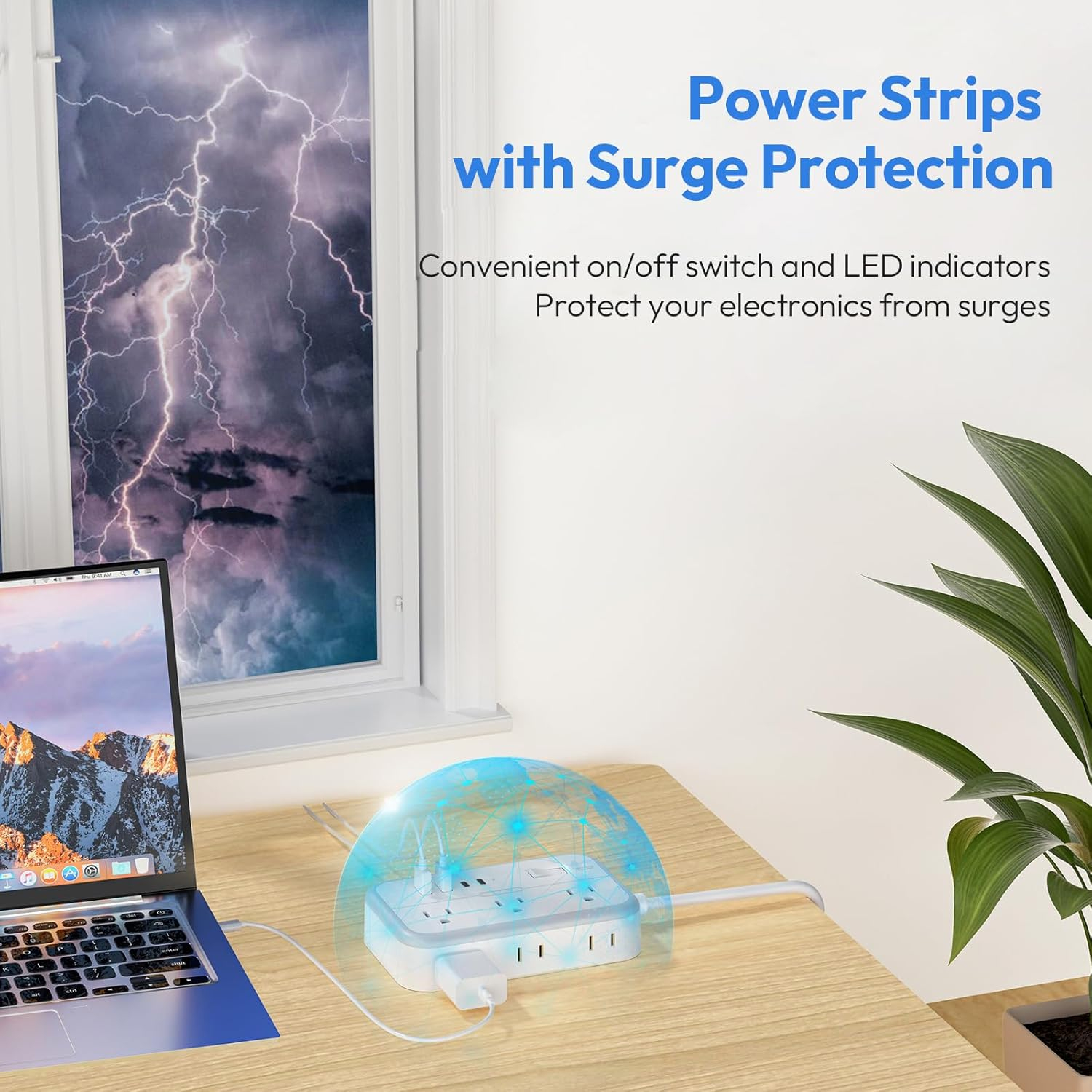 White 10 ft Power Strip with 6 Outlets and 4 USB Ports