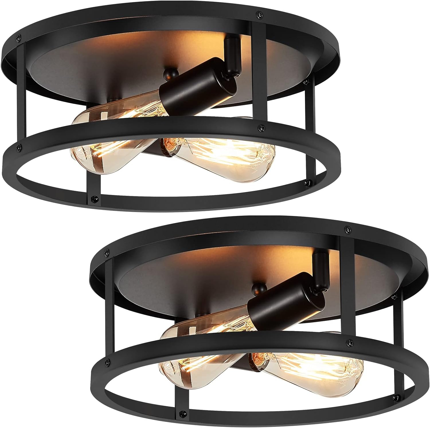 2-Light Industrial Flush Mount Ceiling Light Fixture,Black Farmhouse Ceiling Light Fixture,Modern Flush Mount Light Fixture for Kitchen Bedroom Living Room Hallway 2 Pack