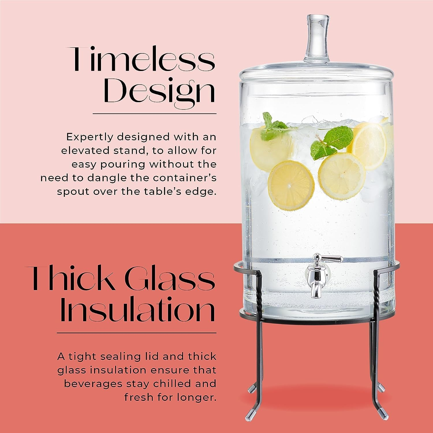 Clear Glass Beverage Dispenser with Metal Stand and Lid, 2.5 Gallons