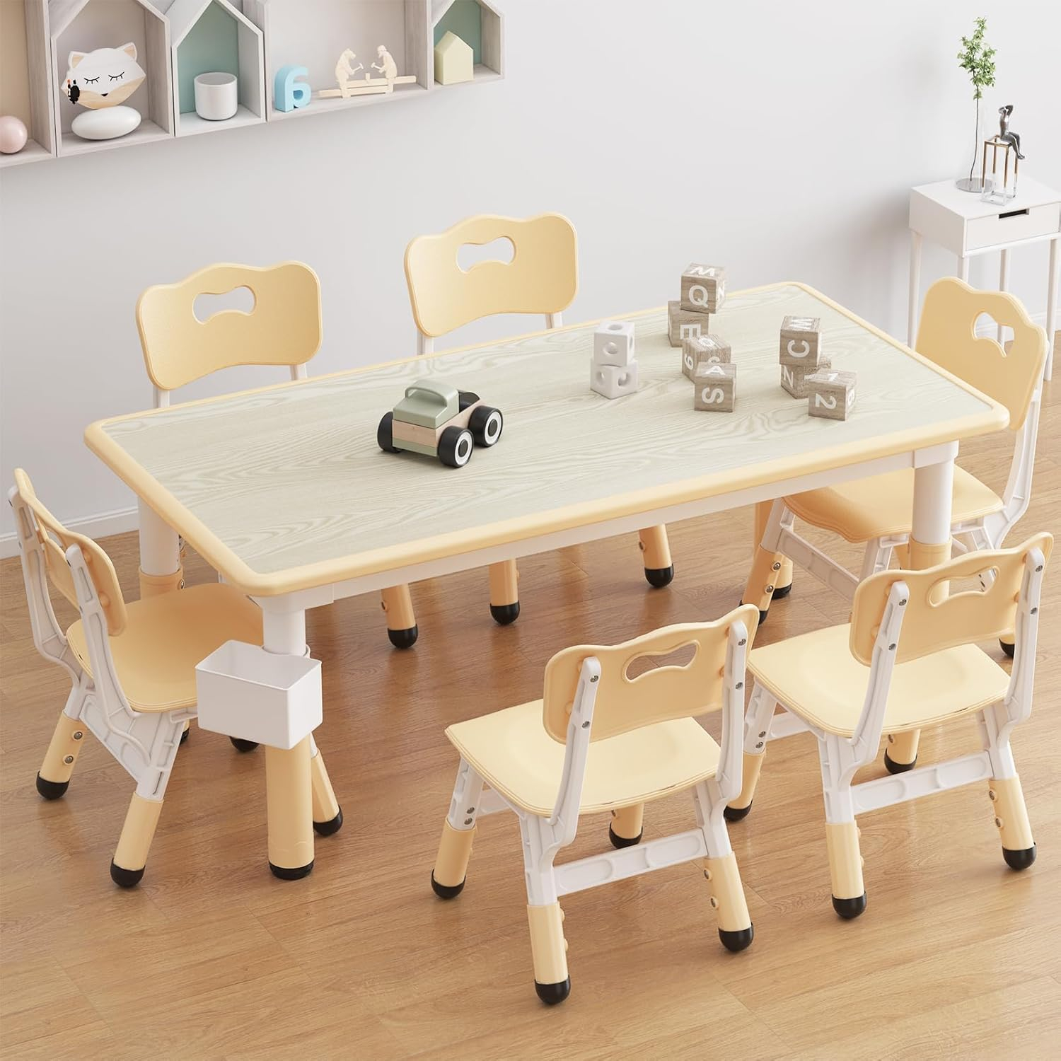 Brelley Kids Table and 6 Chairs Set, Height Adjustable Toddler Desk and Chair Set, Graffiti Desktop, Classroom/Daycare/Home, Children Multi-Activity Table for Ages 2-8