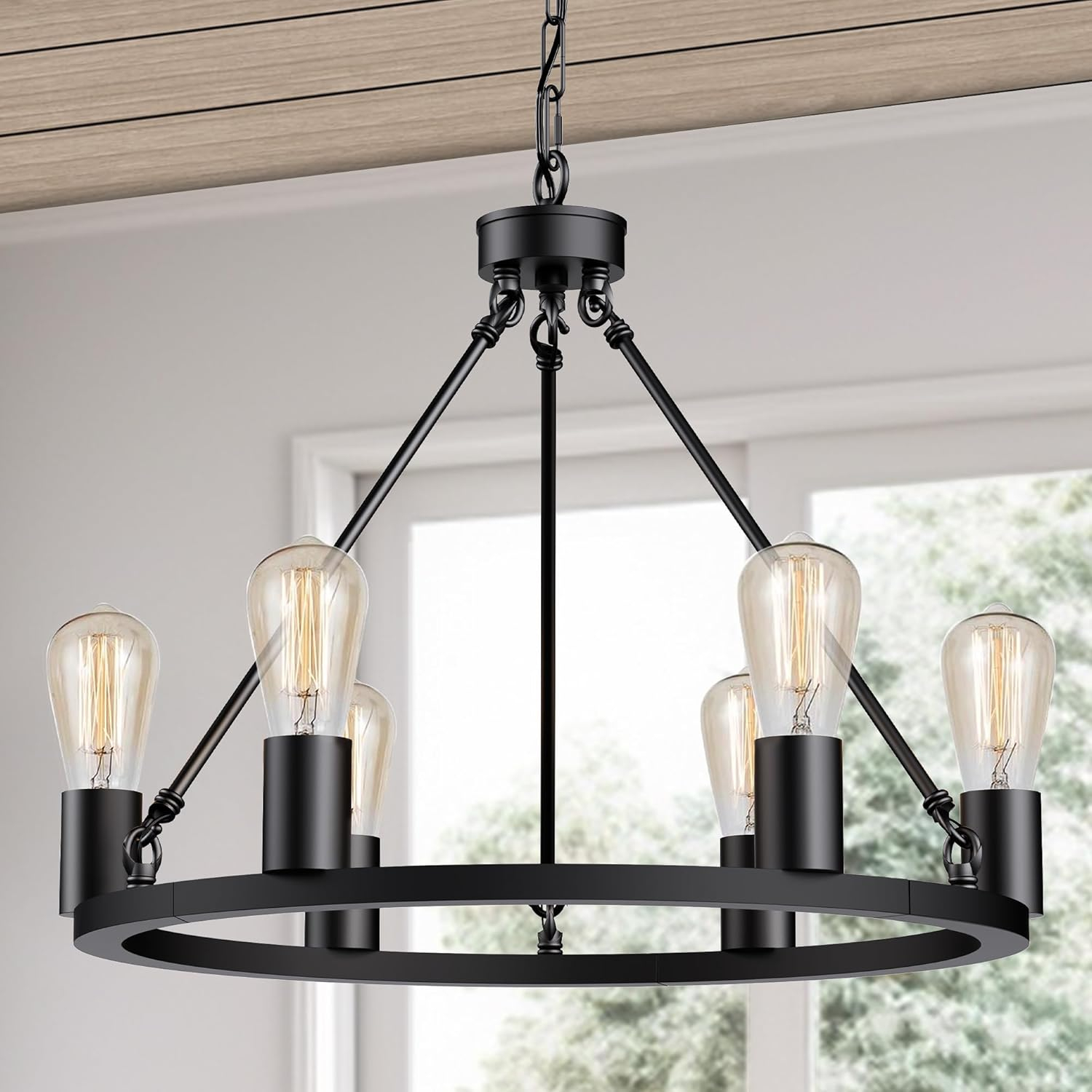 Farmhouse 6 Lights Black Wagon Wheel Chandelier,Modern Vintage Round Pendant Light Fixture for Dining Room,Living Room, Entryway Foyer Kitchen Island, E26