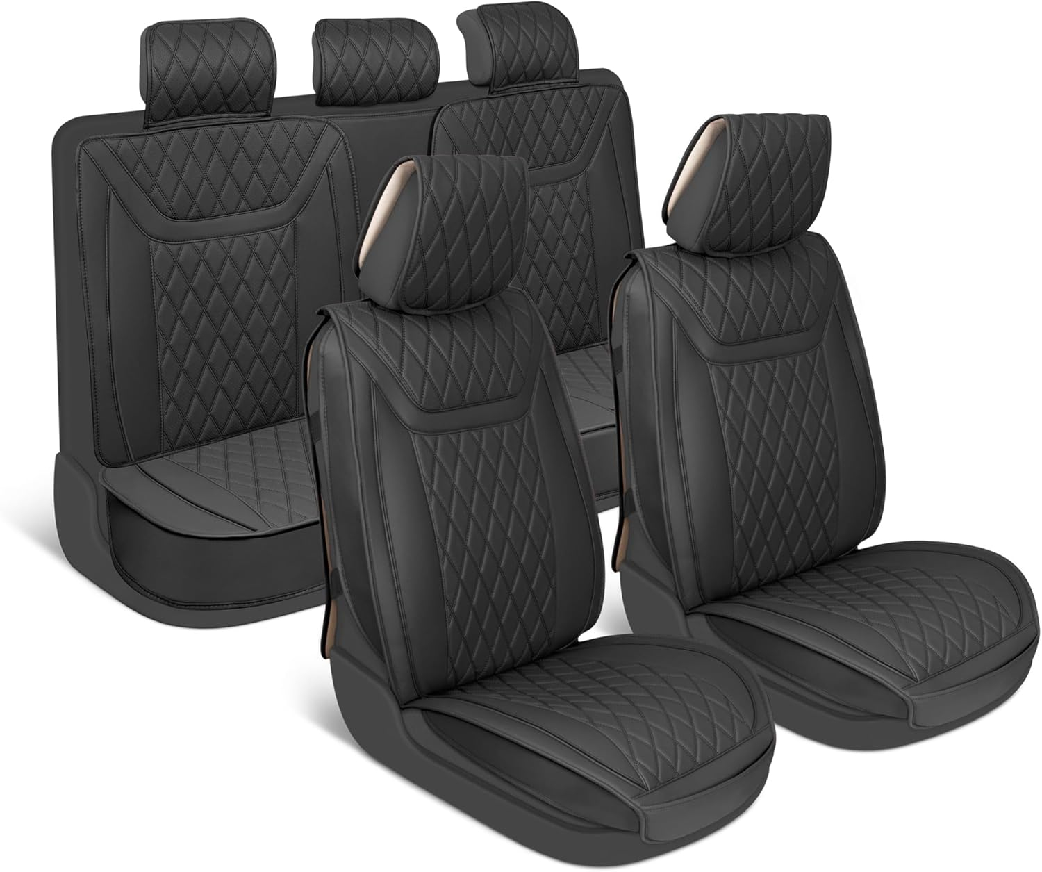 MotorBox Car Seat Covers Ranch Leatherette Faux Leather Black Seat Covers for Car Diamond Stitched Cushioned Seat Protectors for Automotive Accessories, Trucks, SUV, Car Full Set