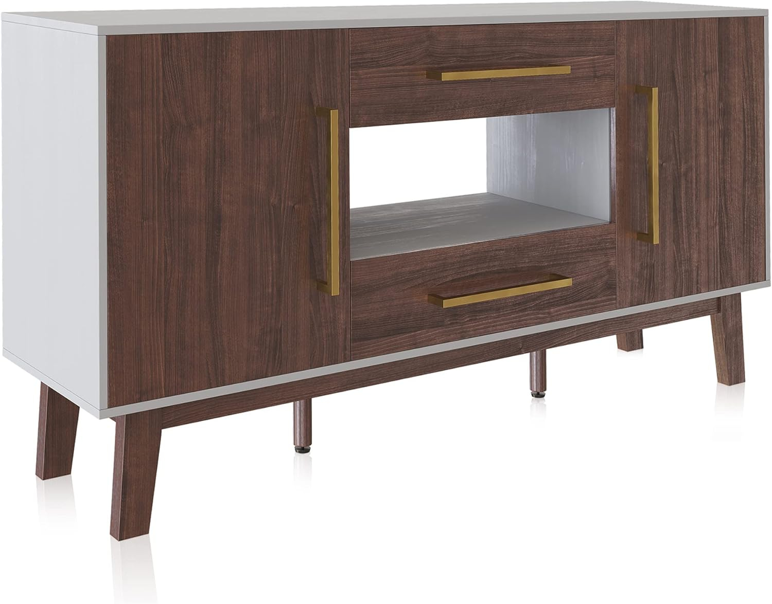 BELLEZE Mid-Century Modern Side Table with Two Drawers and Enclosed Cabinets, Sideboard Buffet Table for Kitchen, Living Room, or Hallway - Tristan (Dark Walnut)