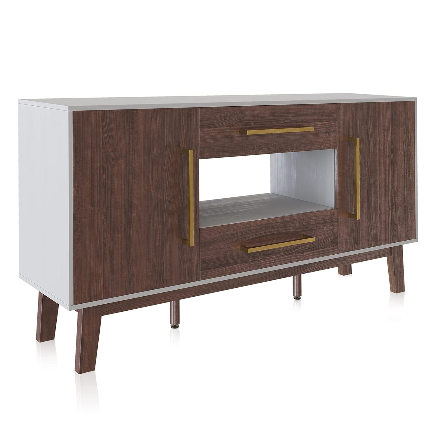BELLEZE Mid-Century Modern Side Table with Two Drawers and Enclosed Cabinets, Sideboard Buffet Table for Kitchen, Living Room, or Hallway - Tristan (Dark Walnut)