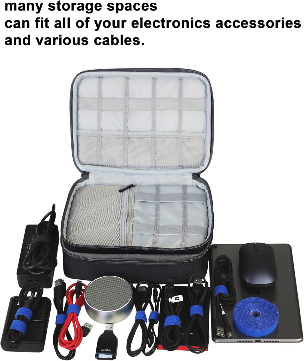 Travel Tech Organizer Bag Electronics Accessories Cable Shockproof Case Charger IT Cord Wire Water Resistant Double Layers Medium Pouch (Black)