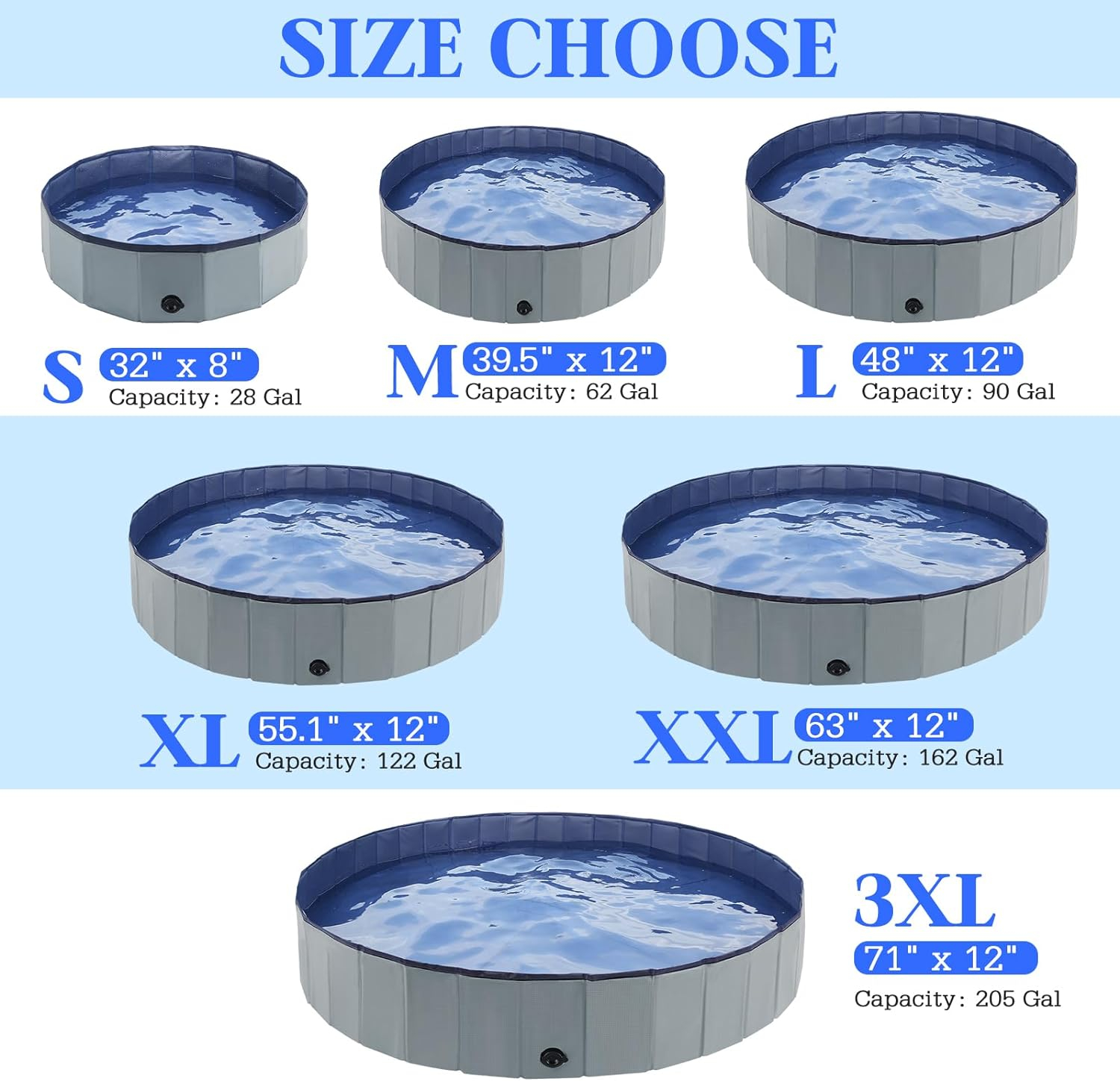 Foldable Dog Bath Swimming Pool Plastic Kiddie Pool Professional Tub Collapsible Grooming Bathtub for Pets Kids Baby and Toddler, 32 x 8 Inches Blue