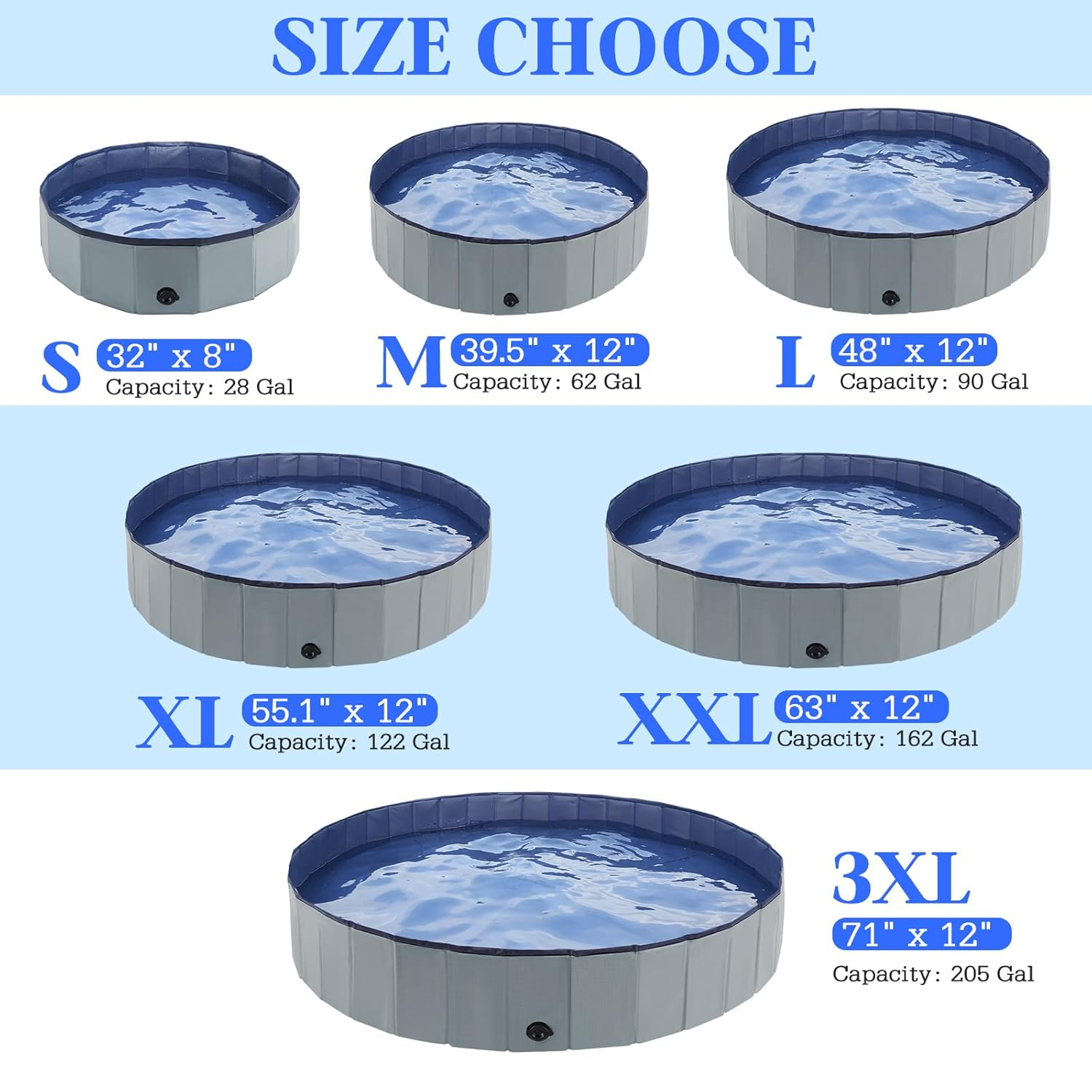 Foldable Dog Bath Swimming Pool Plastic Kiddie Pool Professional Tub Collapsible Grooming Bathtub for Pets Kids Baby and Toddler, 32 x 8 Inches Blue (Gray, S - 32'' x 8'')