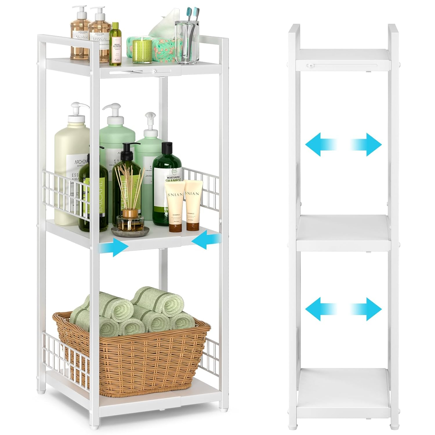 Expandable Slim Storage Shelf, 3 Tier Metal Shelving Unit for Bathroom Storage Organizer, Free-Standing Narrow Shelf, Open Floor Shelves for Small Spaces,Laundry,Bathroom,Kitchen, White