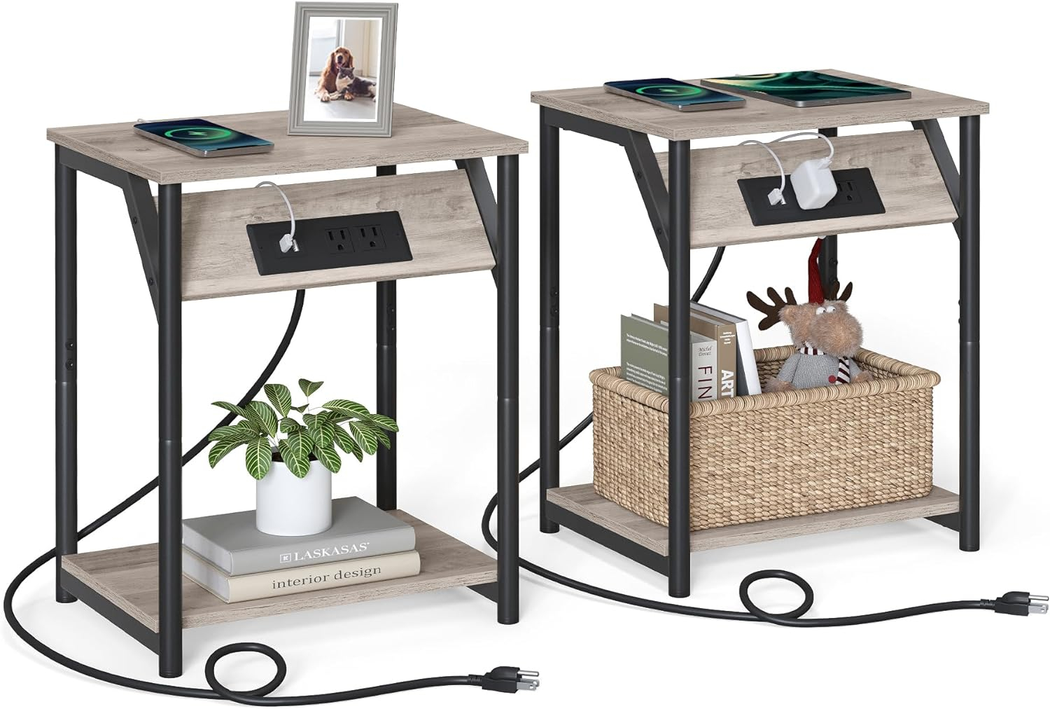 VASAGLE End Table with Charging Station, Small Side Table for Living Room, Bedroom, Nightstand with Outlets and USB Ports, Bedside Table with Storage Shelf, Heather Greige and Black