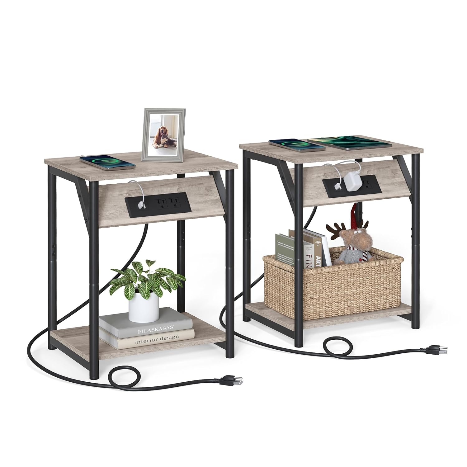 VASAGLE End Table with Charging Station, Small Side Table for Living Room, Bedroom, Nightstand with Outlets and USB Ports, Bedside Table with Storage Shelf, Heather Greige and Black