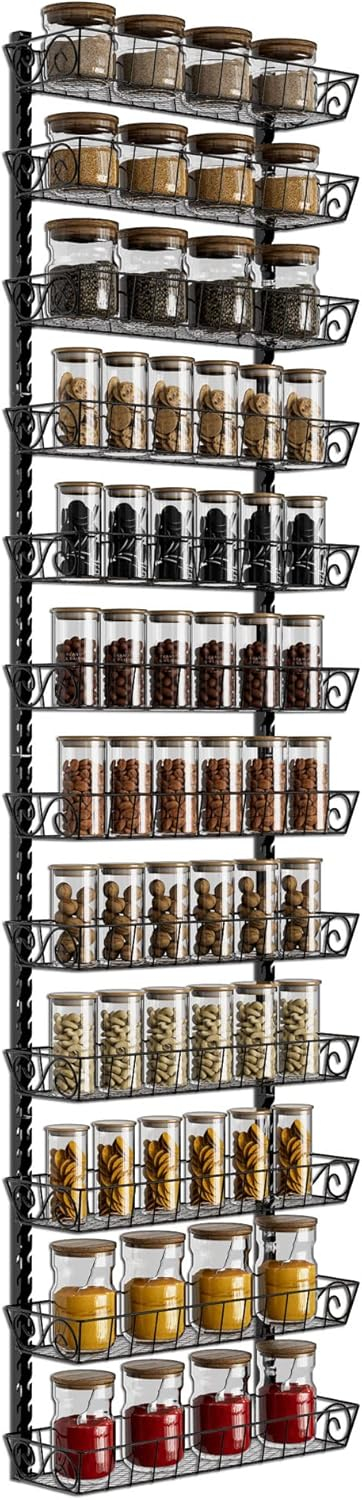 SWOMMOLY Adjustable Wall Mount Spice Rack Organizer, 12-Tier Dual-use (Multi-use) Hanging Spice Shelf Storage for Kitchen Pantry Cabinet Door, Seasoning Holder Organizer, Black