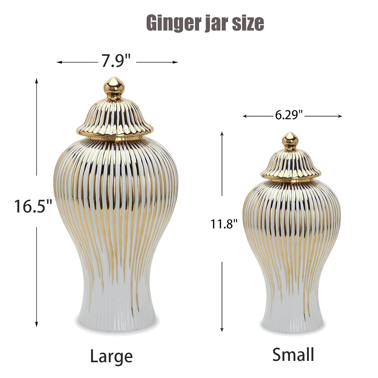 Large White and Gold Ceramic Ginger Jar Vase with Lid