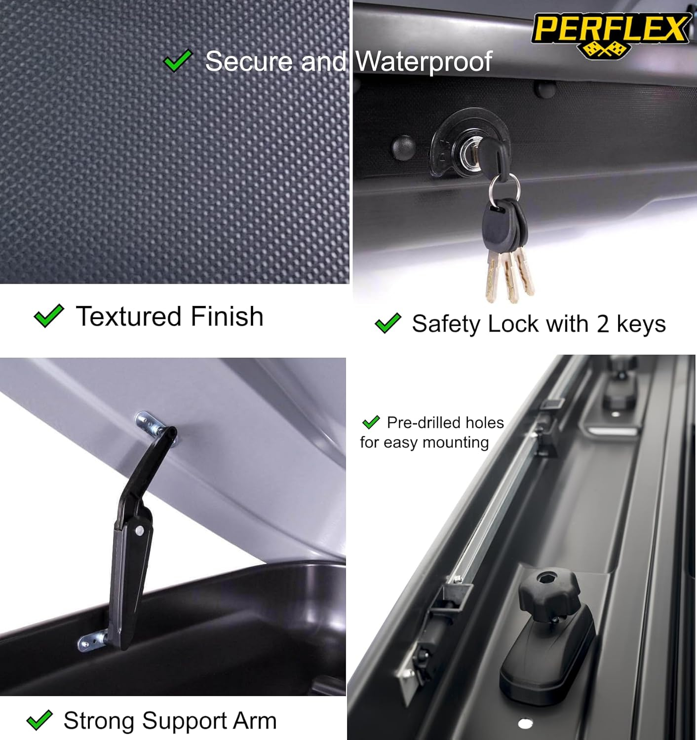 Perflex Journey Roof Cargo Box Carrier 14.8 Cubic Feet Car Top Mount Travel Luggage Storage, Passenger Side Opening, 130 Lbs Weight Capacity, Keys, Strap (Black)