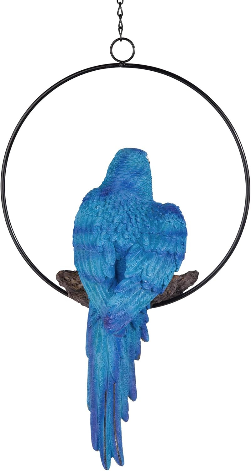 Design Toscano Polly in Paradise Parrot Hanging Bird Ring Perch Indoor/Outdoor Statue, Medium 14 Inch Tall, Cast Stone Resin, Blue Yellow Finish