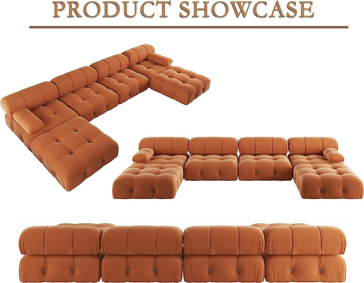 JACH U-Shaped Modular Sectional Couch, 138"" Minimalist Velvet Sofas, Convertible Couches, Mid-Century Modern Sectional Sofa with Chaise Ottomans for Living Room Apartment (Orange), 105OR-U-U