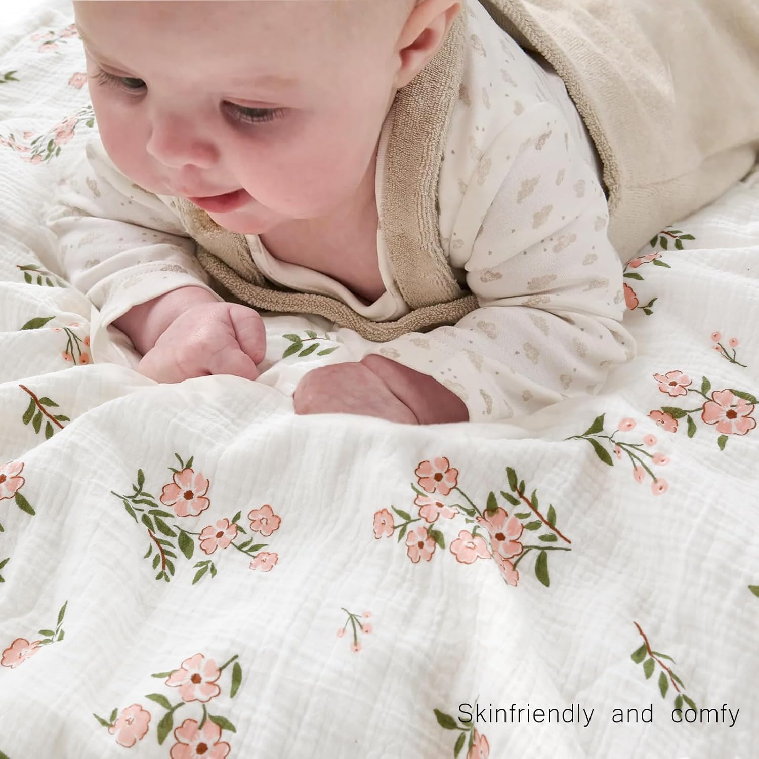 BOPRIO Muslin Baby Blankets for Girls Super Soft Nursery Minky Blankets with Breathable Muslin Cotton Front and 3D Touch Dotted Fleece Backing, Pink Floral Printed Bed Throws Newborn 30 x 40 Inch