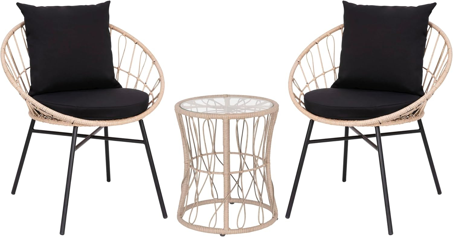 Taylor & Logan Fielder 3-Piece Tan Indoor/Outdoor Bistro Set with Papasan Style Rattan Rope Chairs, Glass Top Side Table & Black Cushions