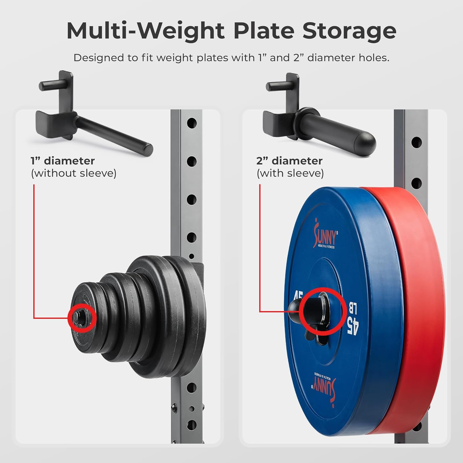 Sunny Health & Fitness Adjustable Weight Plate Storage Rack Attachment Accessory for Power Rack and Cage– Fits 1” and 2” Inch Olympic Style Weight Plates w Free SunnyFit® App Membership - SF-XFA010