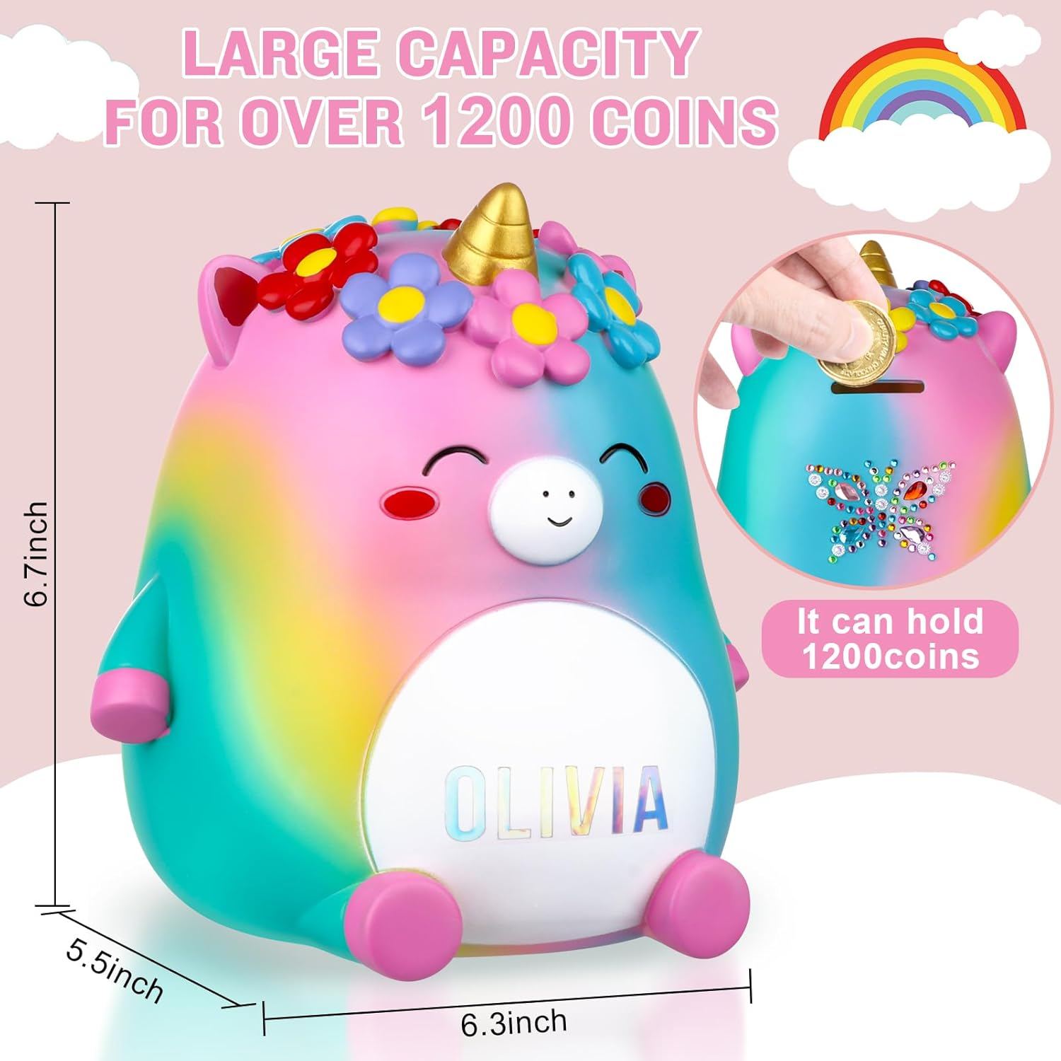 Unicorn Piggy Bank Girls – Cute Rainbow Kids Piggy Bank for Girls, Personalized Unbreakable Resin Coin Money Bank for Kids with Stickers for Toddlers