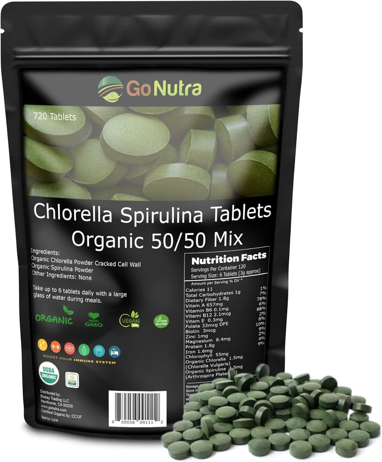 Go Nutra Organic Chlorella & Spirulina Tablets, 50/50 Blend, 500mg Each, 720 Count, 4 Months Supply, Superfood Rich in Vegan Protein Chlorophyll | Spirulina Chlorella Tablets Organic