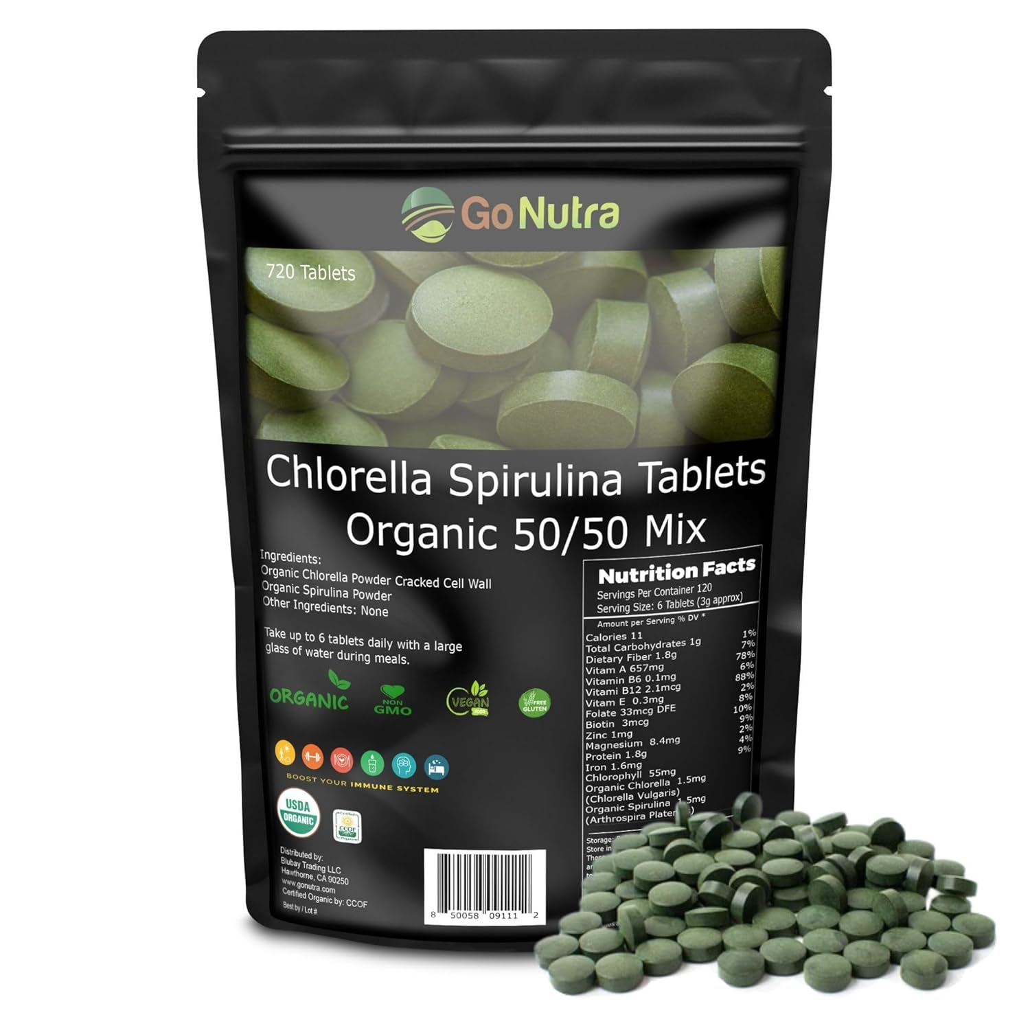 Go Nutra Organic Chlorella & Spirulina Tablets, 50/50 Blend, 500mg Each, 720 Count, 4 Months Supply, Superfood Rich in Vegan Protein Chlorophyll | Spirulina Chlorella Tablets Organic
