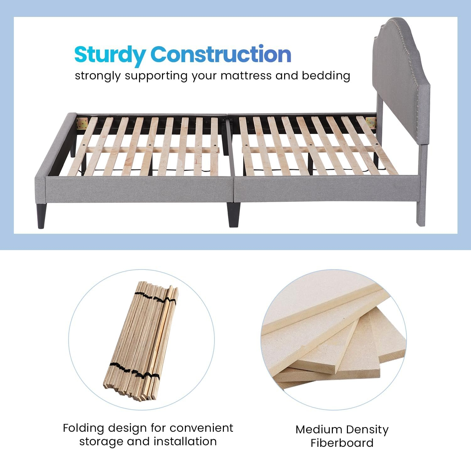 PayLessHere Upholstered Full Platform Bed Frame with Fabric Headboard and Wooden Slats Support, Fully Upholstered No Box Spring Needed Non-Slip and Noise-Free, Full