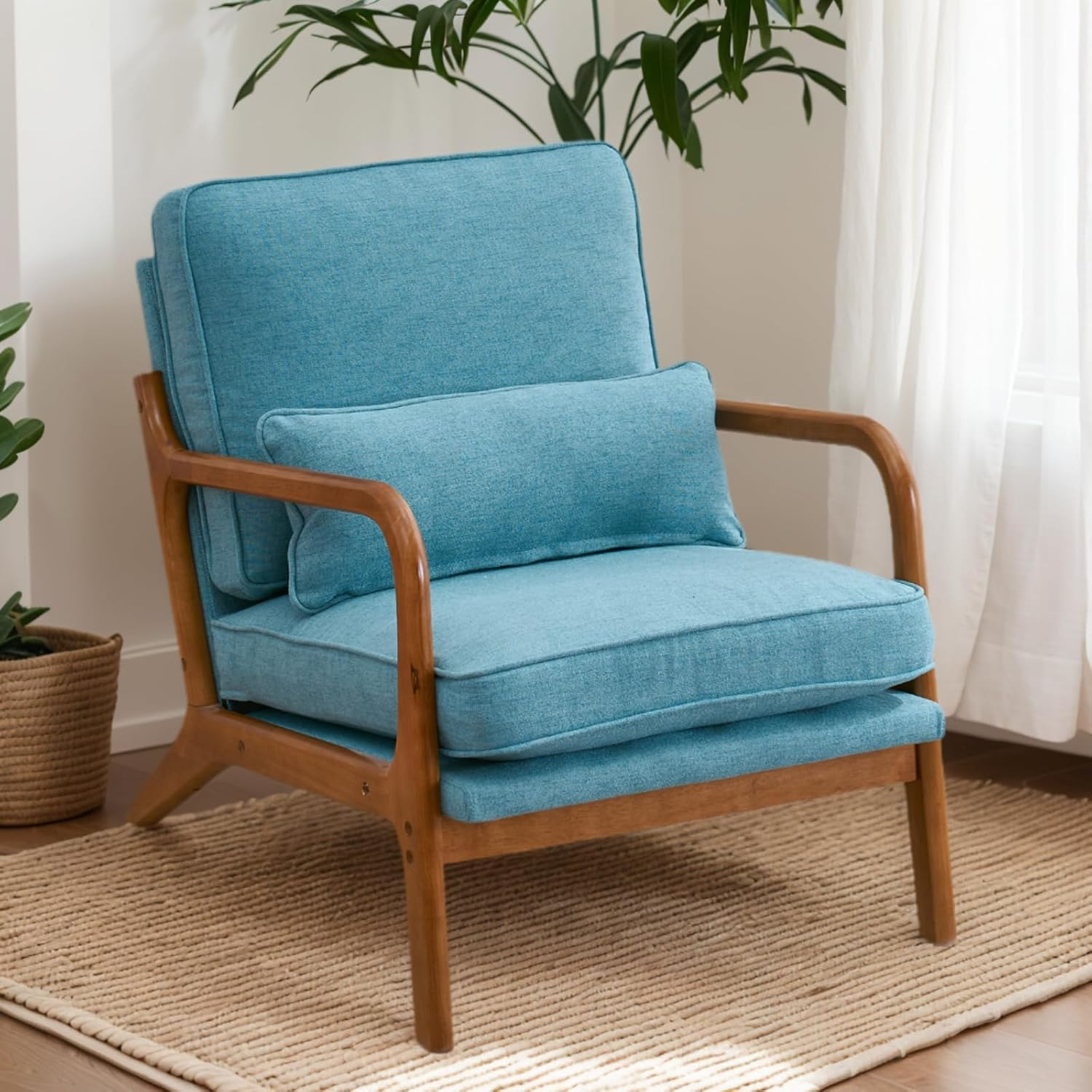 Tcbosik Accent Upholstered Chair with Backrest and Armrest, Wooden Reading Armchair with Pillow for Living Room Studio Office Couch, Teal