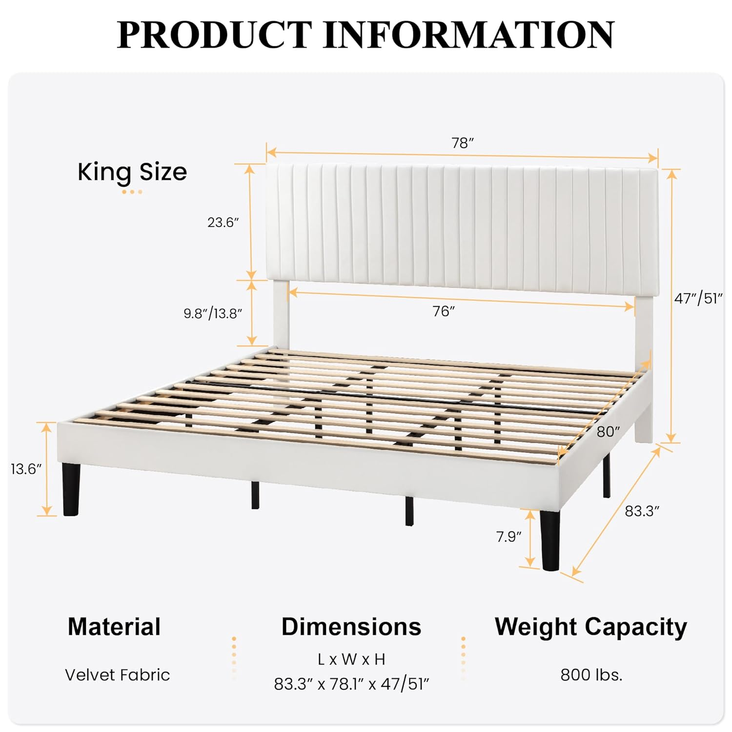 SHA CERLIN King Upholstered Platform Bed Frame with Vertical Channel Tufted Velvet Fabric Adjustable Headboard, Wooden Slats Support, Mattress Foundation, Box Spring Optional, White