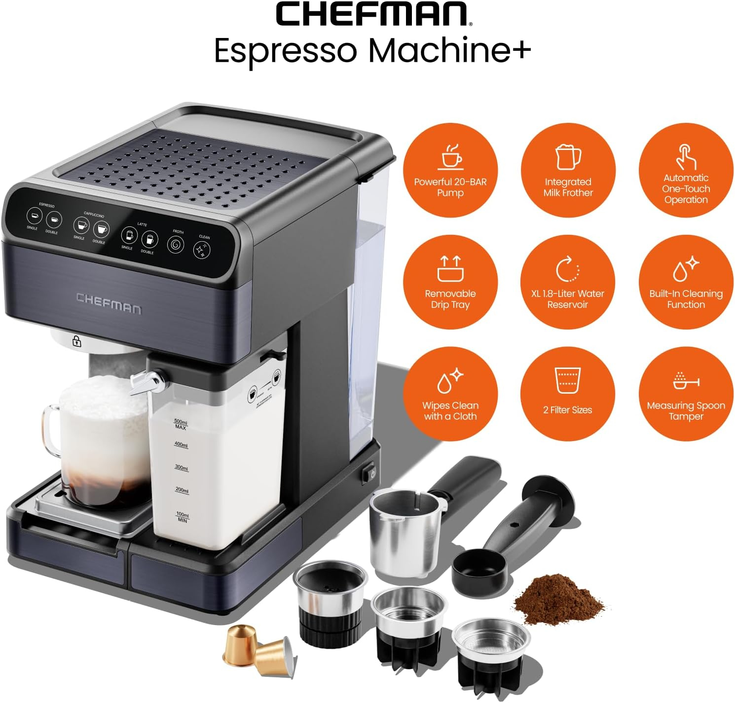 Chefman Barista Pro Plus Espresso Machine w/ Milk Frother, 20 Bar Pump, Black Stainless Steel