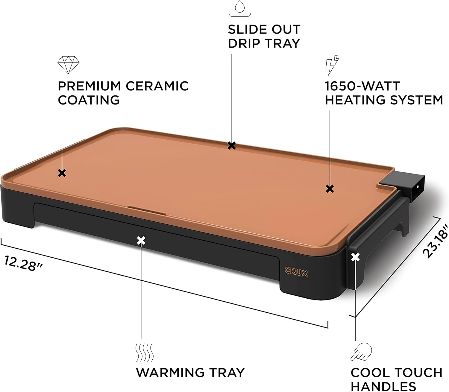 Extra Large Copper Ceramic Electric Griddle with Slide-Out Drip Tray