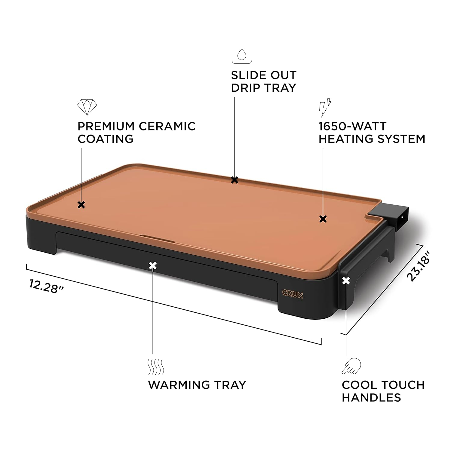Extra Large Copper Ceramic Electric Griddle with Slide-Out Drip Tray