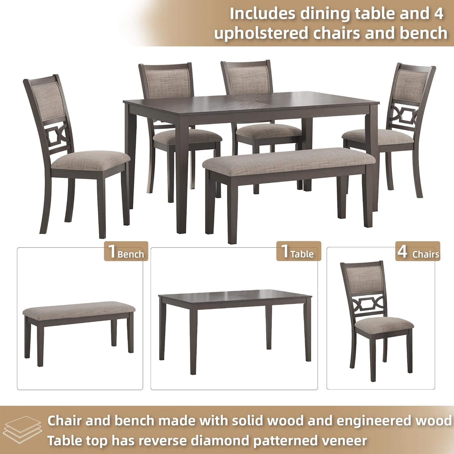 Gray Transitional Rectangular Dining Table Set with 4 Chairs