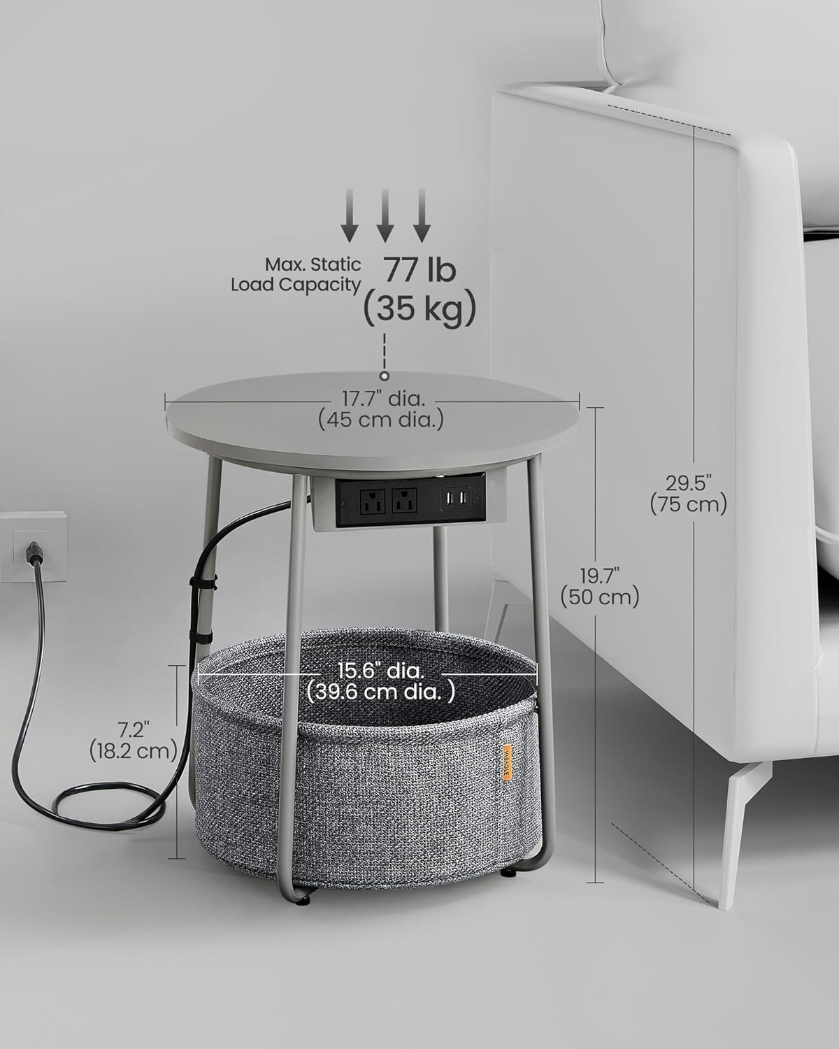 VASAGLE Side Table with Charging Station, Round End Table With Fabric Basket, Nightstand with Power Outlets USB Ports, for Living Room, Bedroom, Modern, Dove Gray and Slate Gray ULET228G01