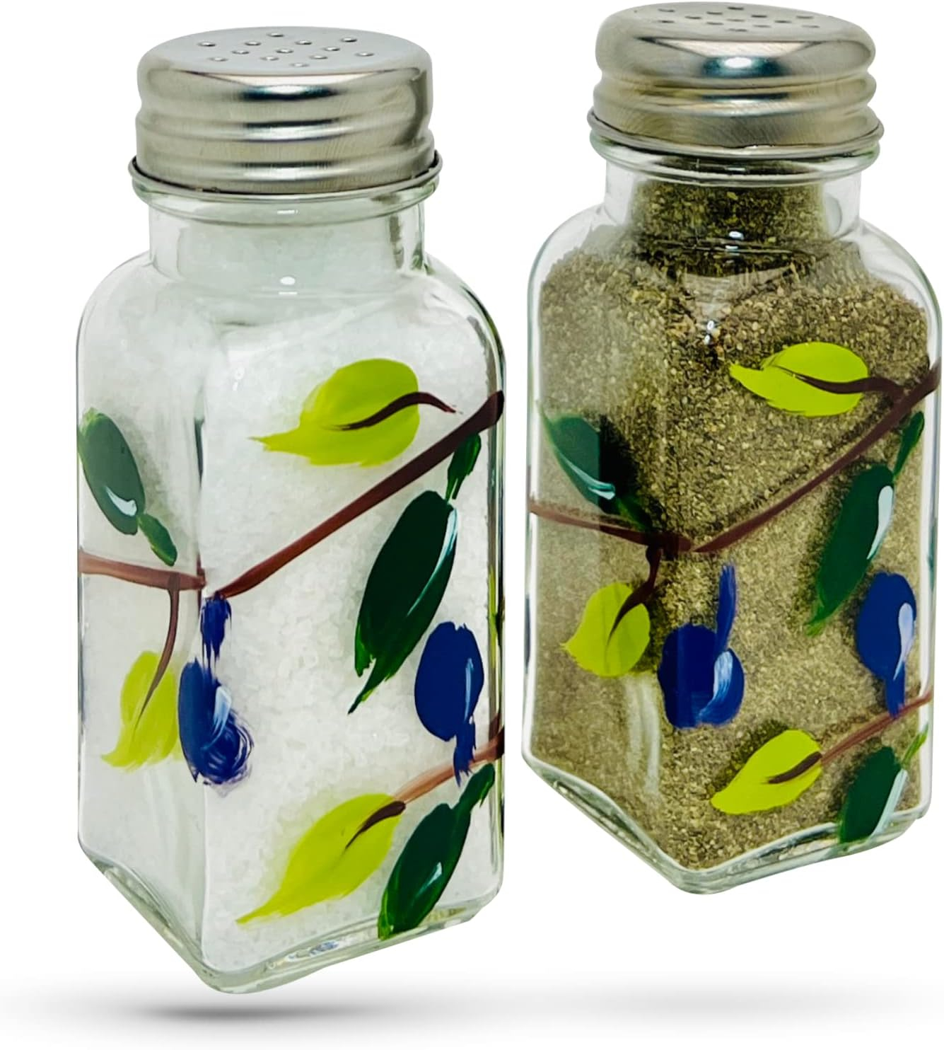Hand Painted Glass Olive Branch Salt and Pepper Shakers Set