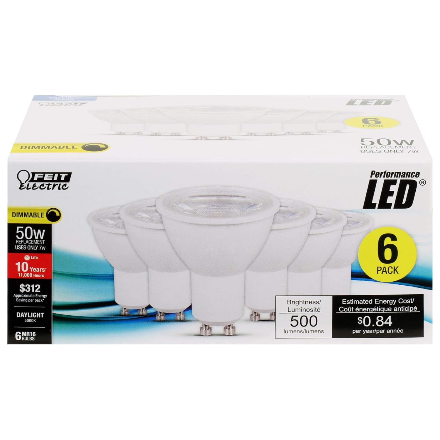 Feit Electric LED MR16 Track Light Bulb, 50W Equivalent, Dimmable, Recessed Lighting Bulb, GU10 Base, CRI 80, 500 Lumens, 5000K Daylight, 11,000-Hour Lifetime, MR16GU105005K10KLED6, 6-Pack