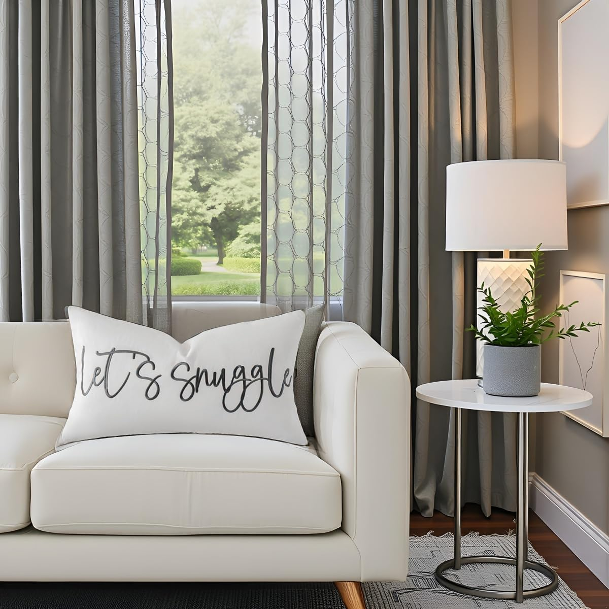 Sunkifover Let's Snuggle Decorative Lumbar Pillow Cover - 12x20 Inch White and Grey Cotton Embroidery Throw Pillowcase for Bed, Bedroom, Living Room, Home Decor