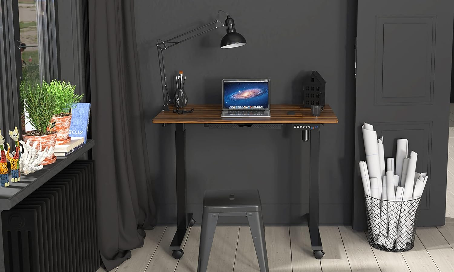 SHW 40-Inch Mobile Electric Height Adjustable Sit to Stand Desk with Drawer, Hanging Hooks and Cable Management, Walnut