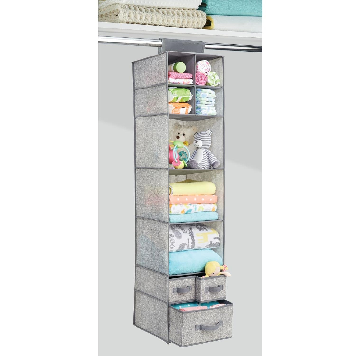 mDesign Fabric Nursery Hanging Organizer with 7 Shelves/3 Drawers, 2 Pack - Gray