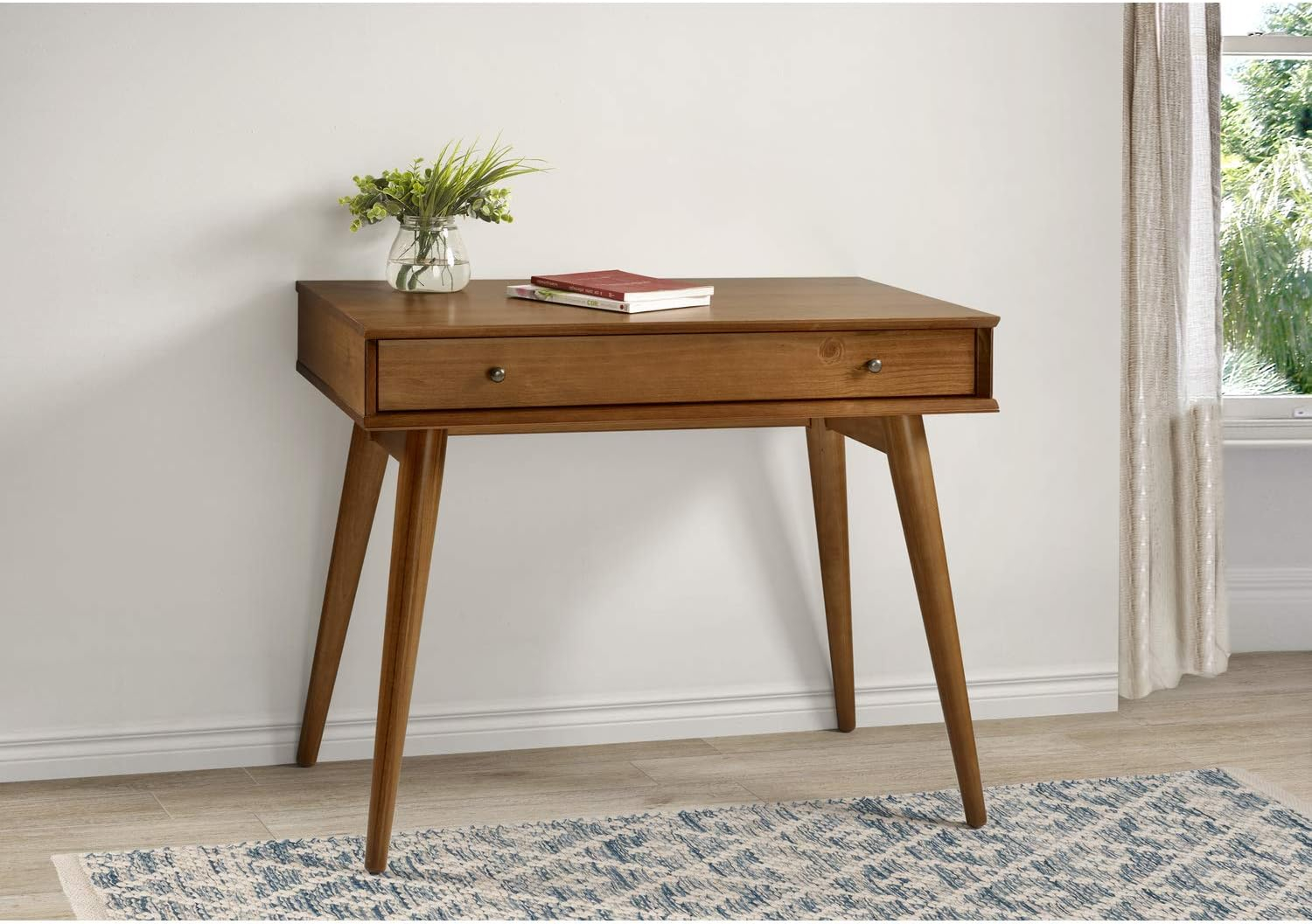 Camaflexi Mid Century Modern Desk Solid Wood Writing Table for Small Spaces, Brown