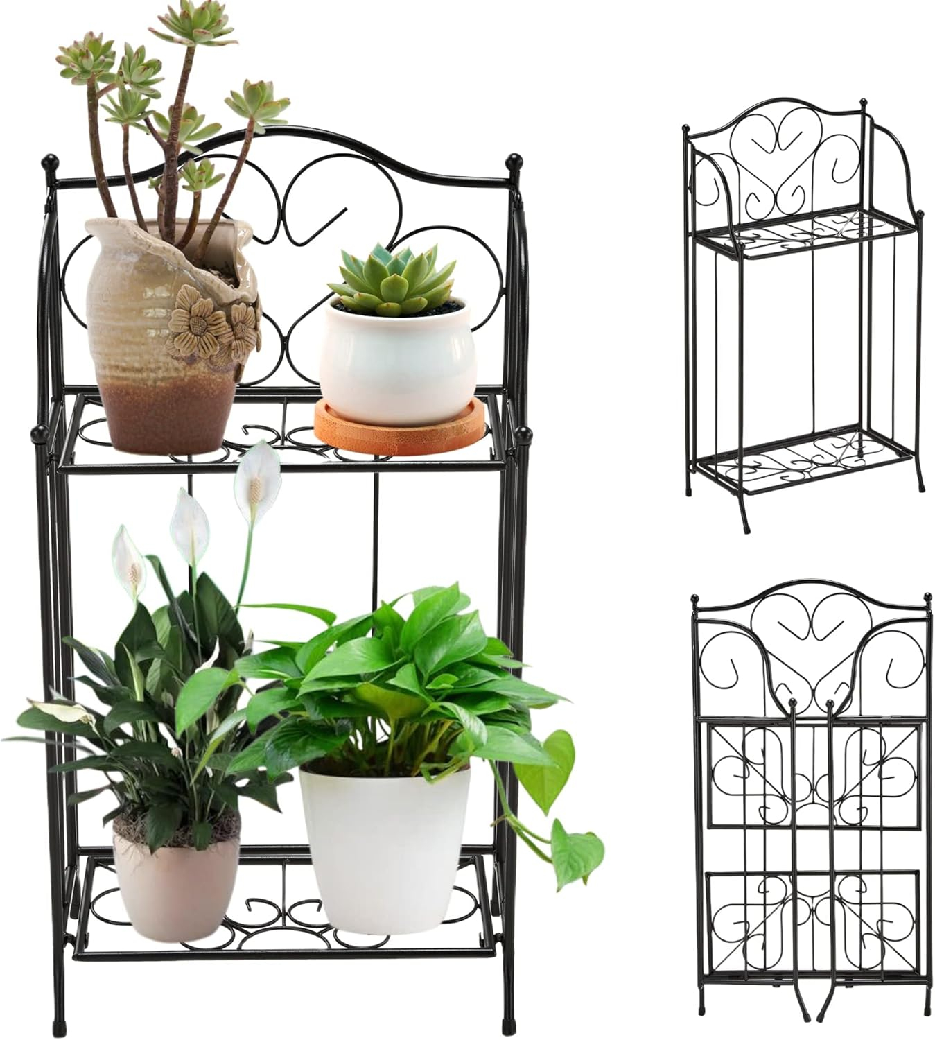 Yolafe Foldable 2 Tier Metal Plant Stand Scrollwork Design Indoor and Outdoor Flower Rack Pot Shelf Home Storage Organizer Shelf, Black