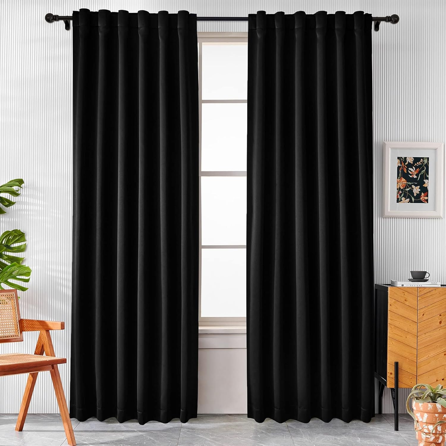 Joydeco Black Blackout Curtains 96 Inches Long, Thermal Insulated Black Out Curtains 2 Panels Set for Bedroom, Room Darkening Drapes for Living Room Window (W52 x L96 Inch, Black)
