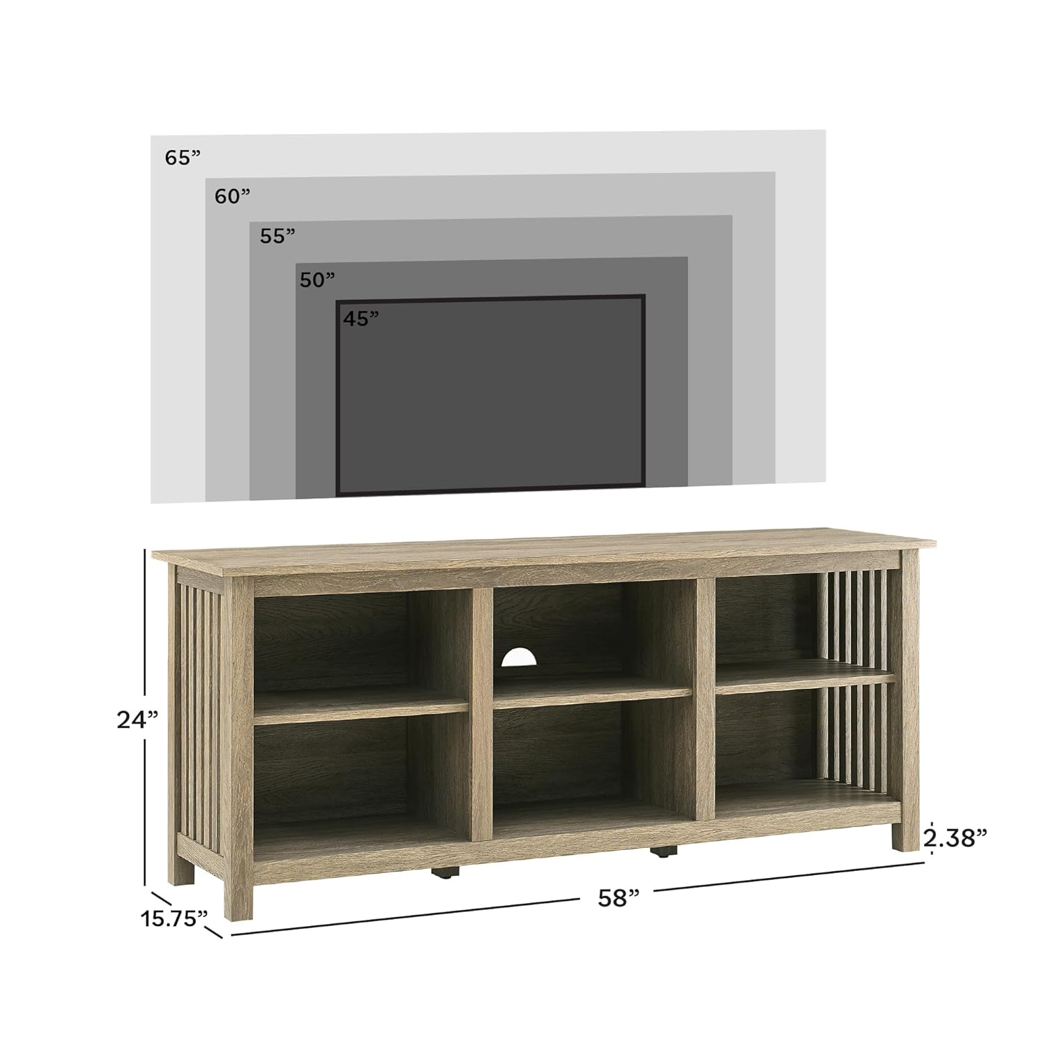 Driftwood Slatted Side TV Stand with Open Cubbies
