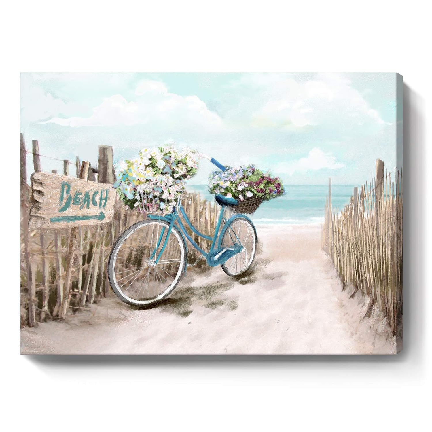 Beach Canvas Wall Art for Bathroom Ocean Pictures Seaside Bicycle Canvas Print Seascape Painting Framed Teal Aqua Blue Calming Shoreside Artwork for Modern Coastal Themed Lake Home Bedroom Décor Ready