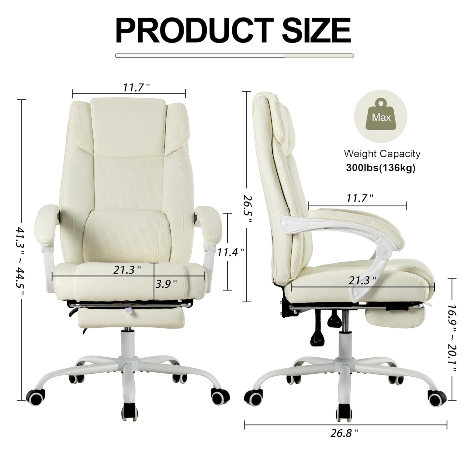 Executive Office Chair with Footrest,90-155°Adjustable Reclining Office Chair,Thick Leather Chair with Lumbar Support,Ergonomic Computer Desk Chair Comfy for Home Office (Cream White)