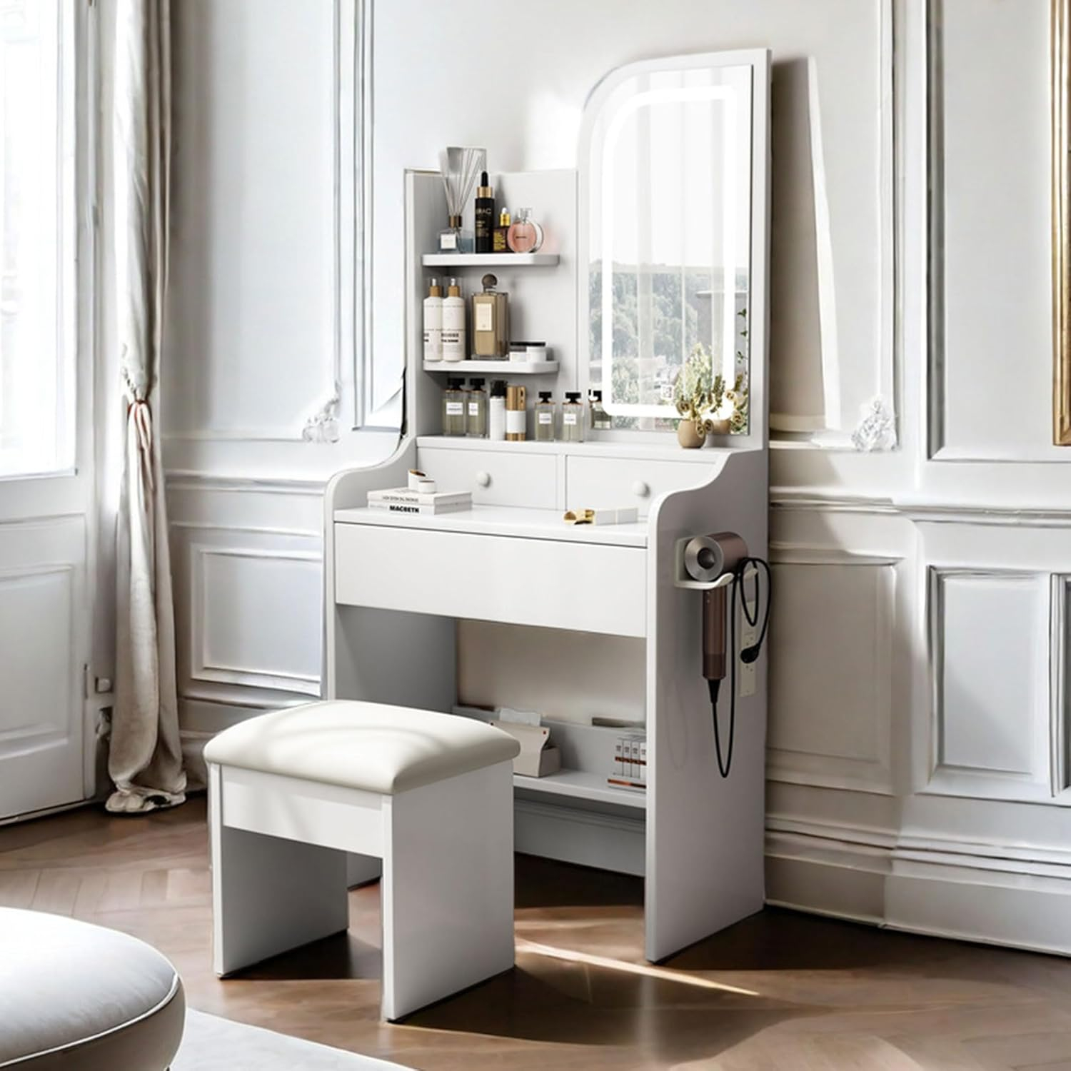 Small Vanity Desk Set with Power Outlet, Mini White Makeup Vanity with Mirror and Lights, Cute Dressing Table with Stool for Small Space
