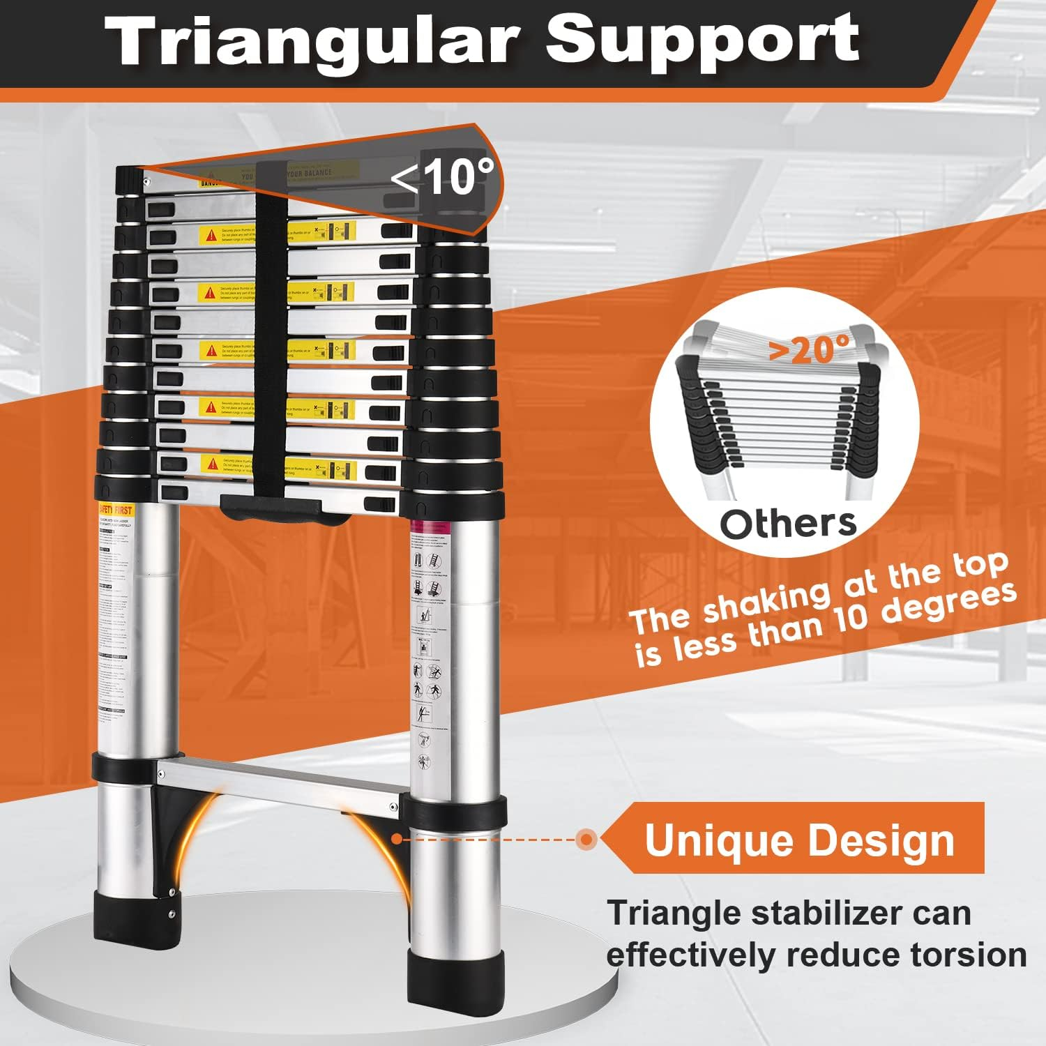 Heavy Duty Black Aluminum Telescopic Extension Ladder with Stabilizers