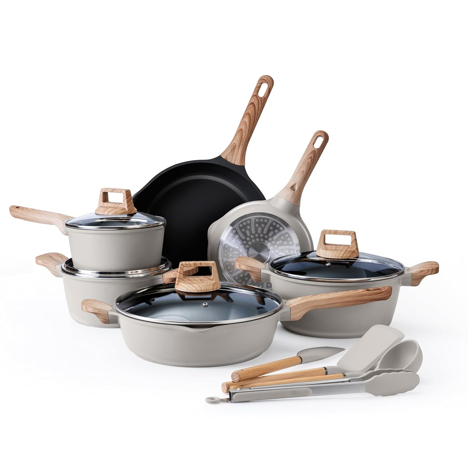 14-Piece Gray Nonstick Cast Aluminum Cookware Set with Bakelite Handles