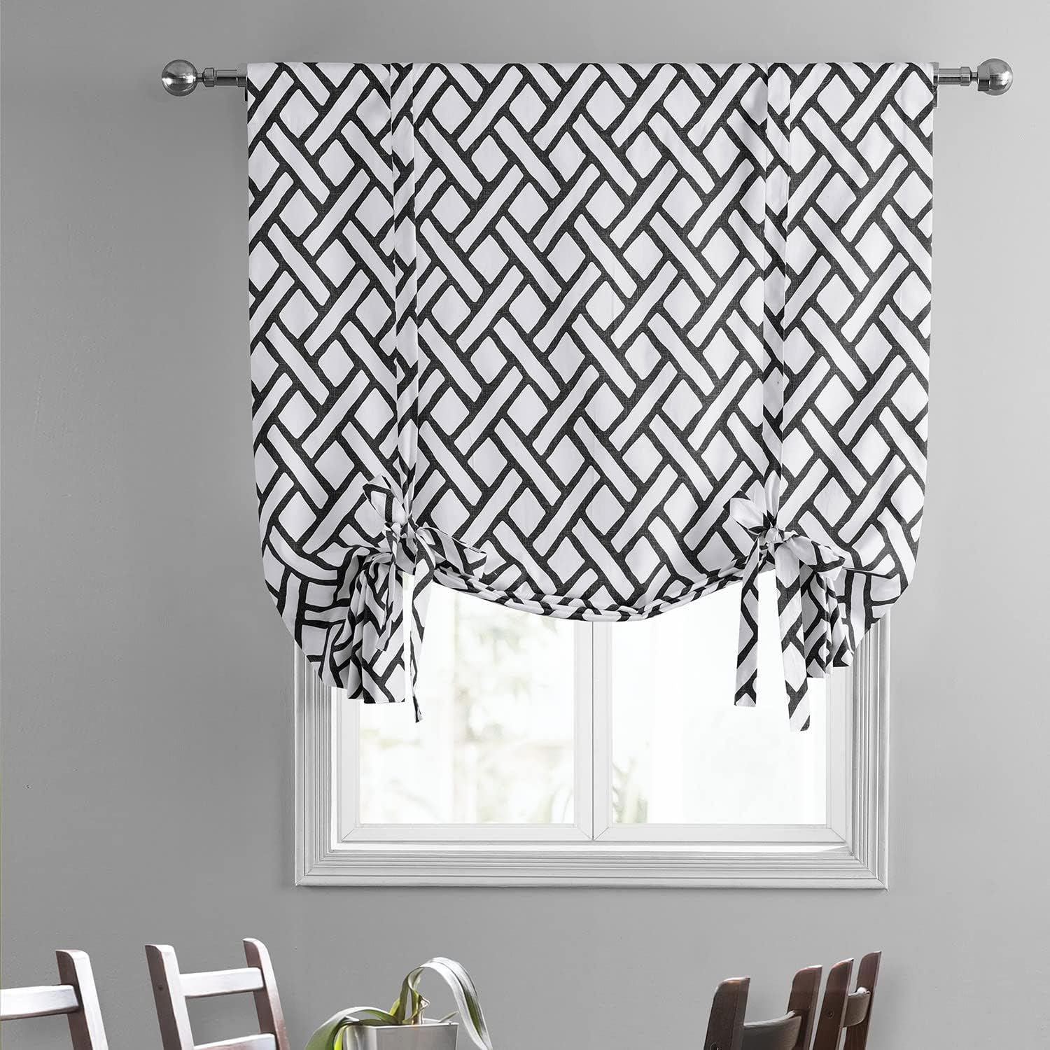 HPD Half Price Drapes Printed Cotton Room Darkening Tie Up Curtains for Windows - 46 x 63 Roll Up Balloon Curtain for Living Room, Kitchen (1 Panel), PRCT-TUD215C-63, Garden Path Black