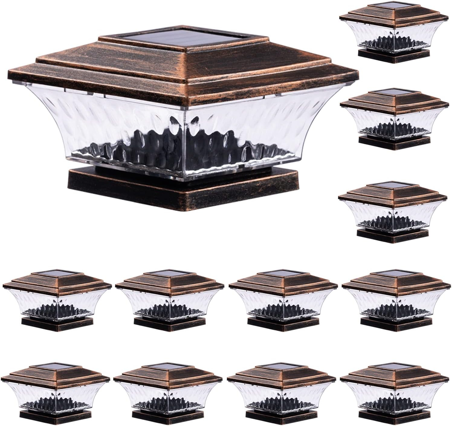 HUYIENO Solar Post Cap Lights Outdoor LED Lighting Deck Fence Cap Light Two Light Modes Warm White/Bright White Suitable for 4x4 Wooden Posts Brushed Copper 4PK