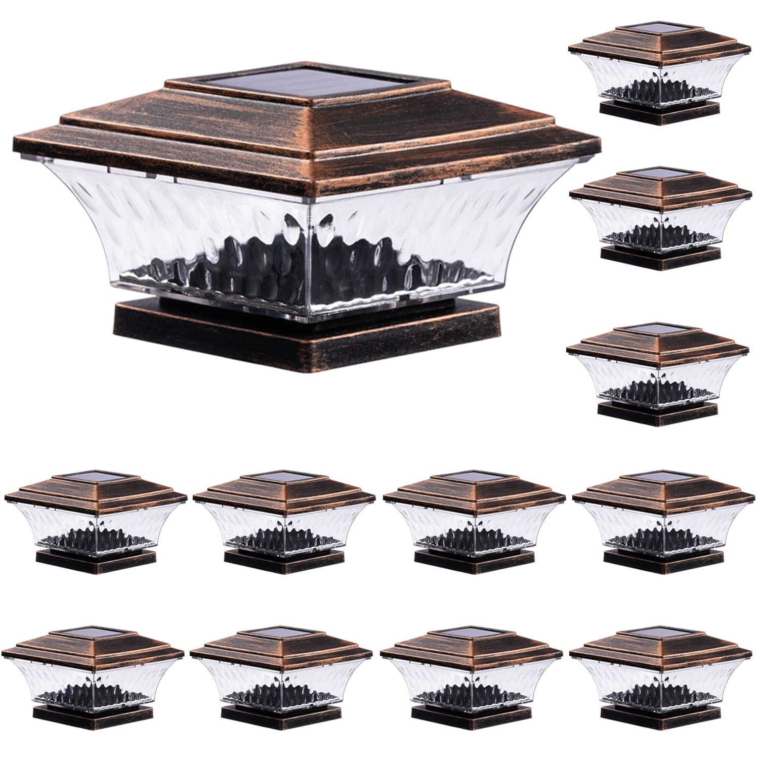 HUYIENO Solar Post Cap Lights Outdoor LED Lighting Deck Fence Cap Light Two Light Modes Warm White/Bright White Suitable for 4x4 Wooden Posts Brushed Copper 4PK